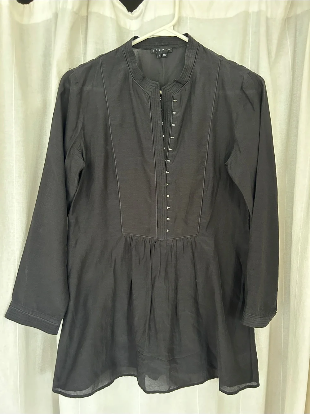 THEORY gorgeous Black Long-Sleeve cotton silk Tunic with hook and eye Front sz S